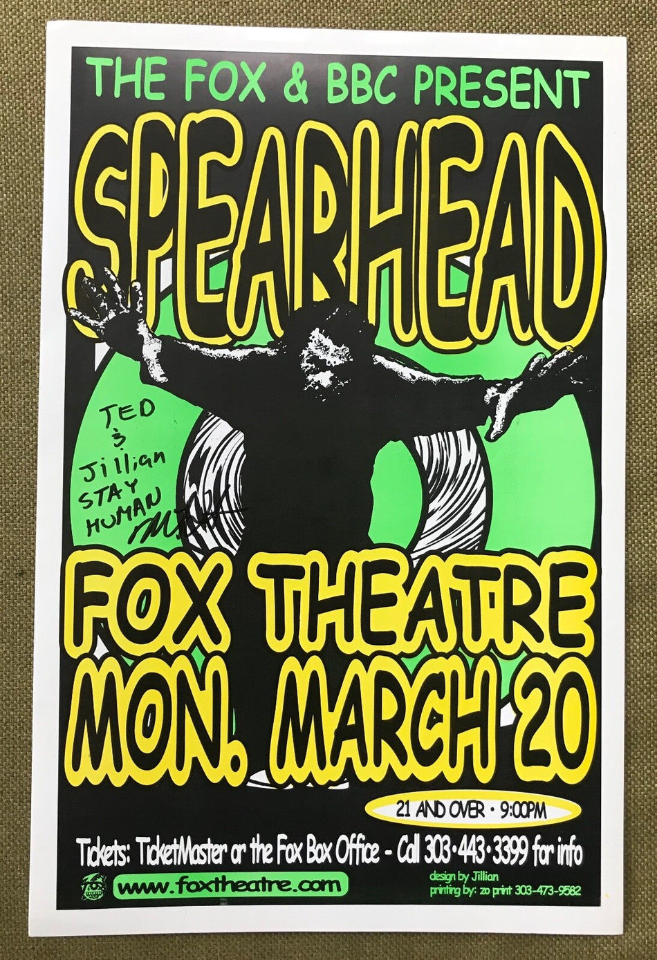 RARE SPEARHEAD 11x17 POSTER SIGNED BY MICHAEL FRANTI~FOX THEATER BOULDER CO 1995