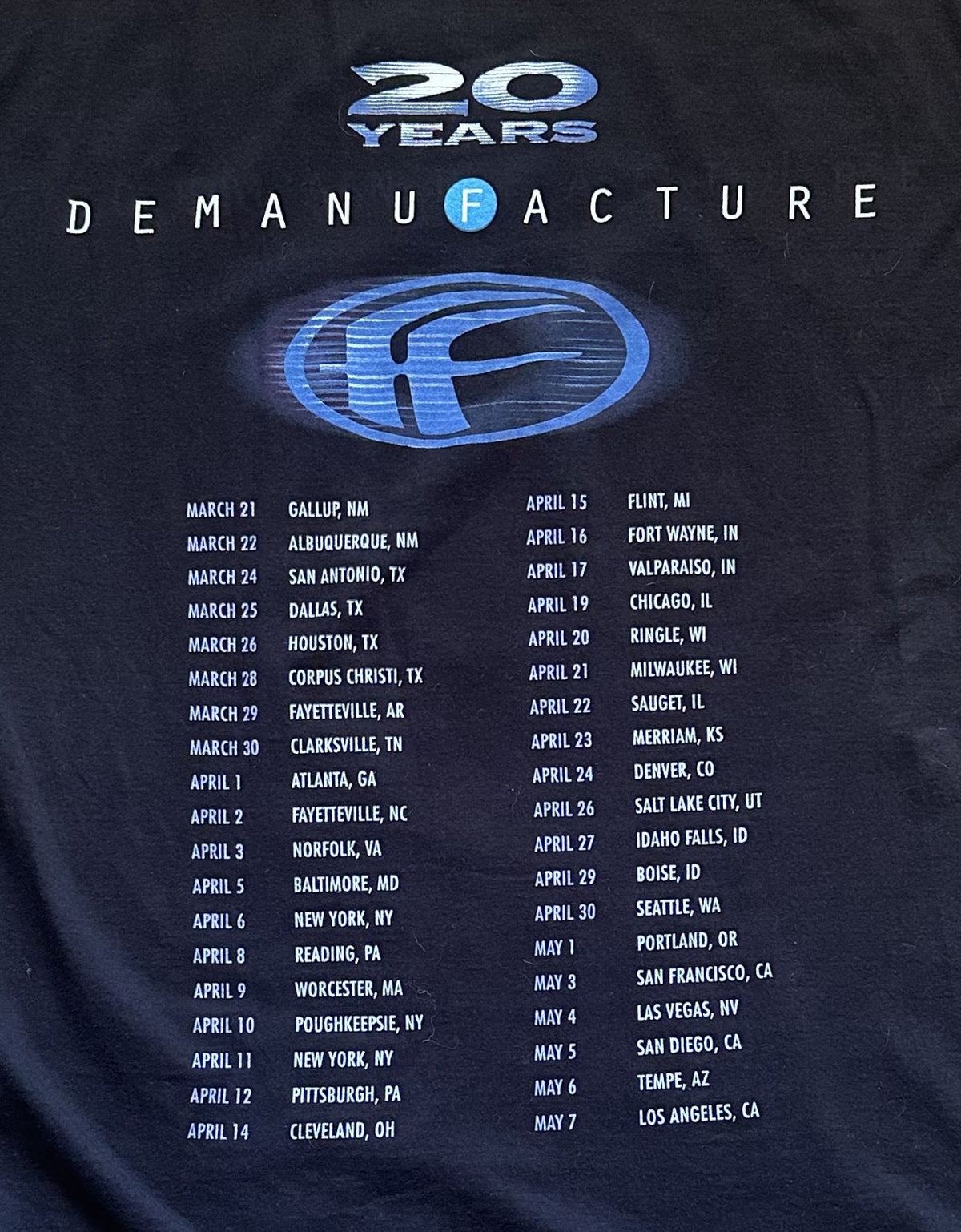FEAR FACTORY T-SHIRT~2015 TOUR~DEMANUFACTURE 20 YEARS~XL~GILDAN~BLACK~EXC COND