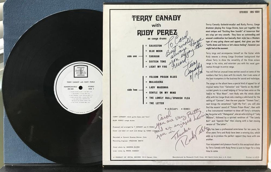 TERRY CANADY w/ RUDY PEREZ ON CONGA DRUMS~SIGNED 1960s INITIAL RECORDS LOUNGE LP