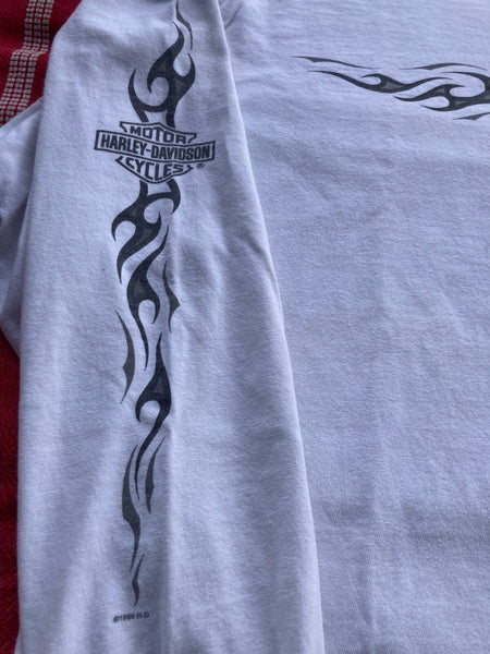 VTG 90s HARLEY DAVIDSON RARE WHITE FLAMES T-SHIRT~LONG SLEEVE~SINGLE STITCH~LRG