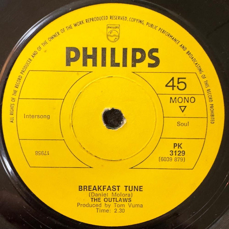 SO. AFRICA 45~THE OUTLAWS MOVING SOUL/ BREAKFAST TUNE 1970s PHILIPS PK3129~HEAR