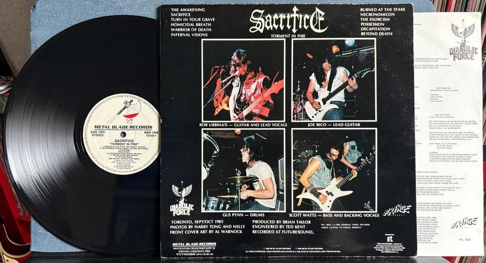 SACRIFICE TORMENT IN FIRE~ORIG 1986 METAL BLADE 1st PRESS LP~INSERT~THRASH~SPEED