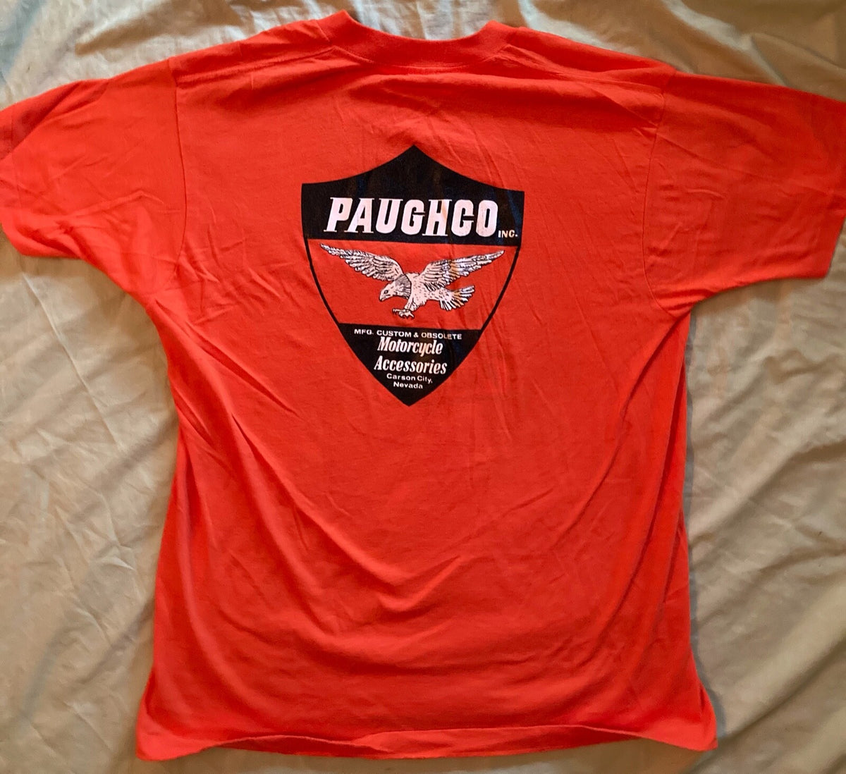 RARE VINTAGE 1980s PAUGHCO MOTORCYCLE PARTS T-SHIRT~TOP COND~ORANGE SCREEN STARS