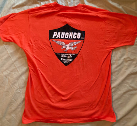 RARE VINTAGE 1980s PAUGHCO MOTORCYCLE PARTS T-SHIRT~TOP COND~ORANGE SCREEN STARS