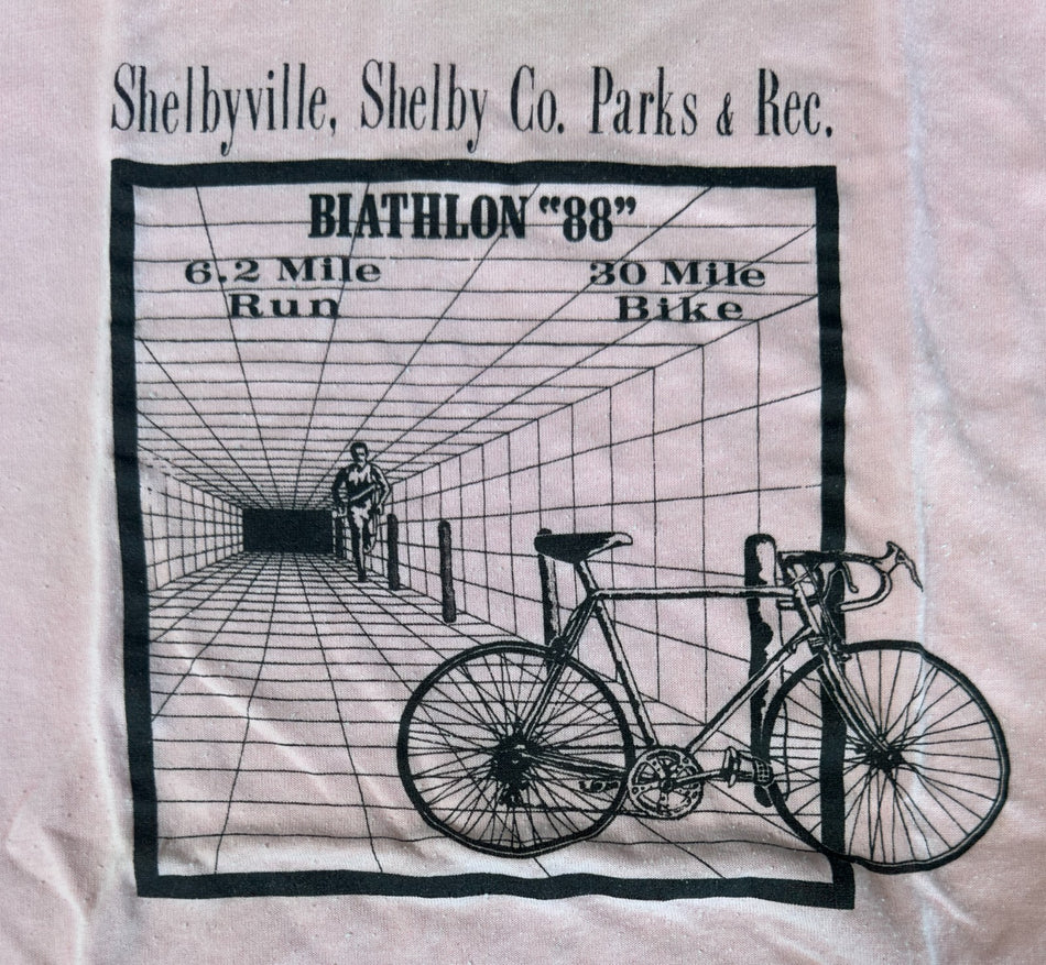 1988 SHELBYVILLE PARKS & REC BIATHLON 88 T-SHIRT~SNGL STITCH~JERZEES LRG~PINK