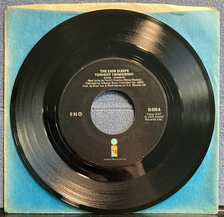 BRIAN ENO~THE LION SLEEPS TONIGHT (WIMOWEH)~NM 1975 ISLAND 7-INCH 45 RPM SINGLE