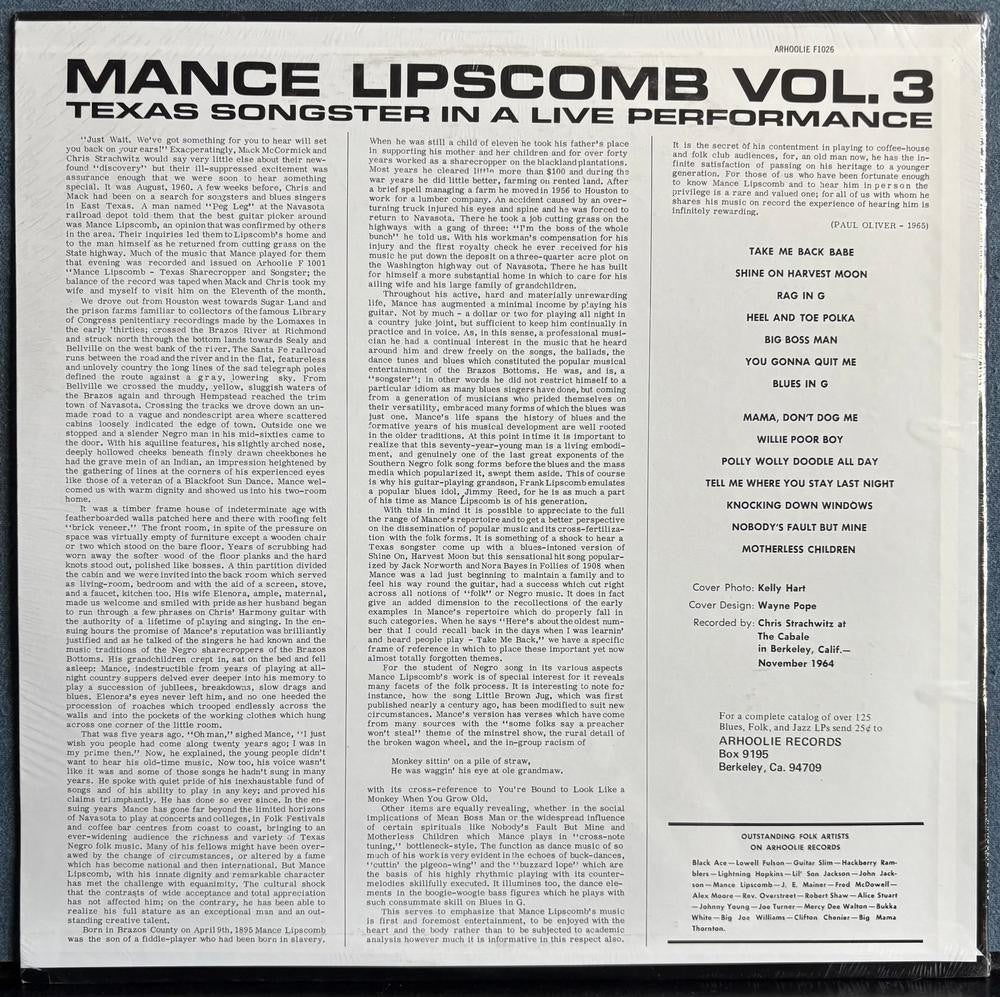 MANCE LIPSCOMB VOL 3: TEXAS SONGSTER IN A LIVE PERFORMANCE~SEALED ARHOOLIE RE LP