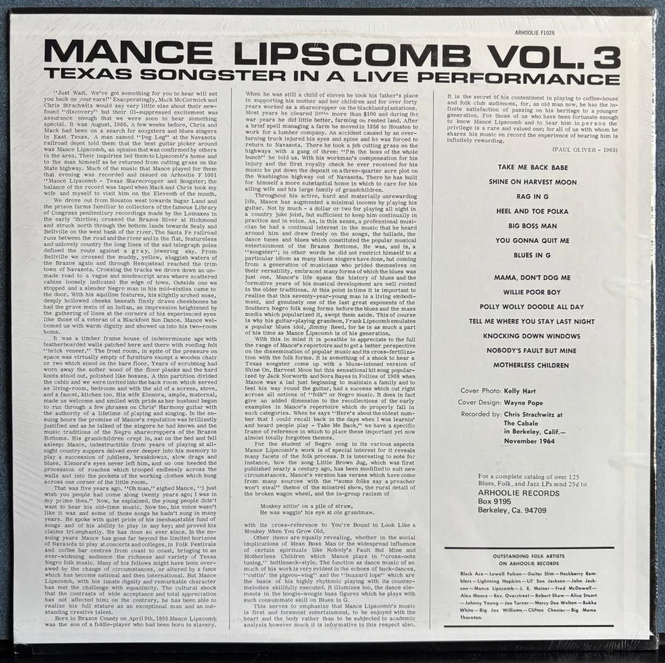 MANCE LIPSCOMB VOL 3: TEXAS SONGSTER IN A LIVE PERFORMANCE~SEALED ARHOOLIE RE LP