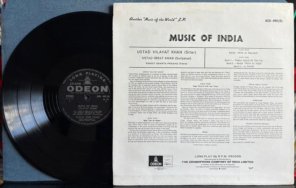 USTAD VILAYAT KHAN MUSIC OF INDIA~ORIG 1962 ODEON INDIAN 1st PRESS LP~HINDUSTANI