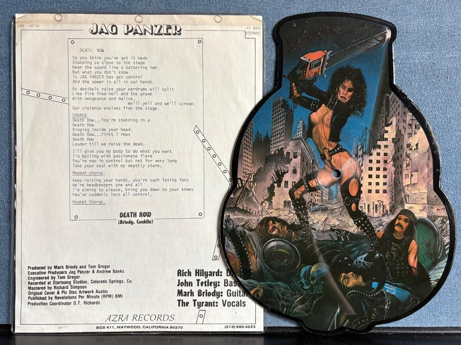 JAG PANZER DEATH ROW~ORIG 1983 AZRA RECS SHAPED PICTURE DISC 7-INCH SINGLE~METAL
