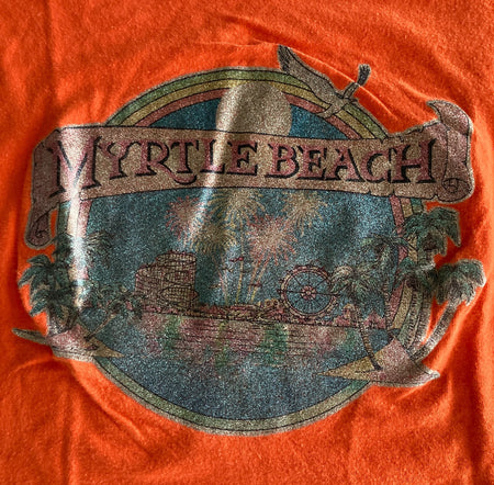VTG 70s MYRTLE BEACH GLITTER IRON-ON TRANSFER SINGLE-STITCH SHIRT~MAYO SPRUCE~MD