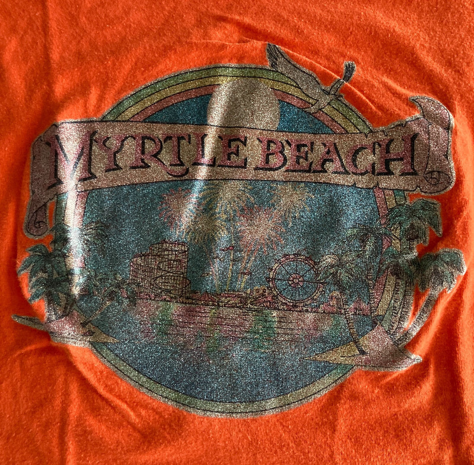 VTG 70s MYRTLE BEACH GLITTER IRON-ON TRANSFER SINGLE-STITCH SHIRT~MAYO SPRUCE~MD