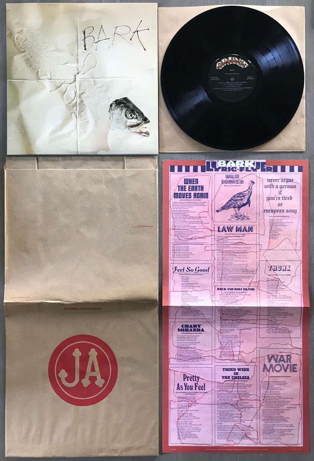 JEFFERSON AIRPLANE BARK~1971 GRUNT HOLLYWOOD 1st PRESS w/PAPER BAG~INSERT~INNER