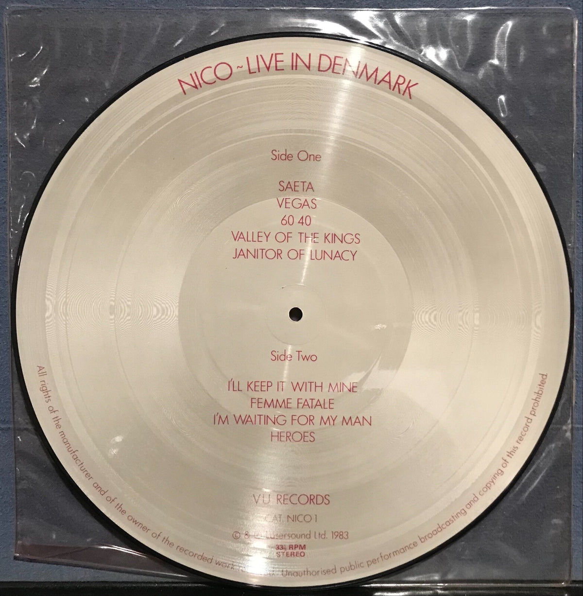NICO LIVE IN DENMARK~NM- 1983 VU UK PICTURE DISC LP~NEW WAVE~VELVET UNDERGROUND