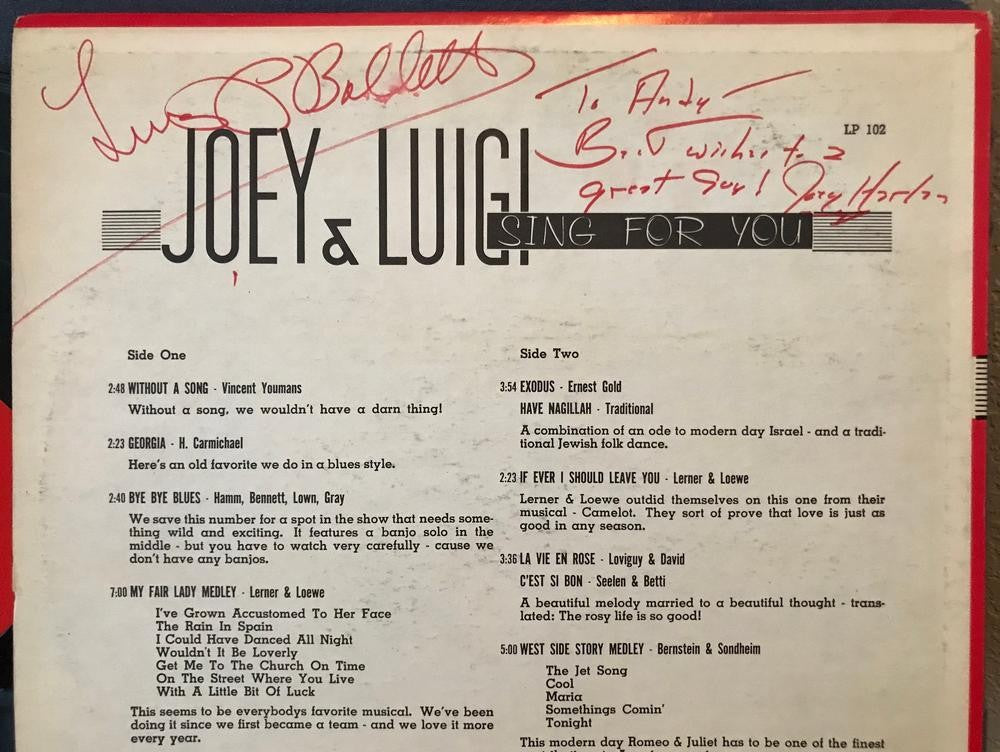 JOEY AND LUIGI SING FOR YOU~SIGNED ORG TNT COMEDY LP~AUTOGRAPHED~HARLAN~BALLETTO