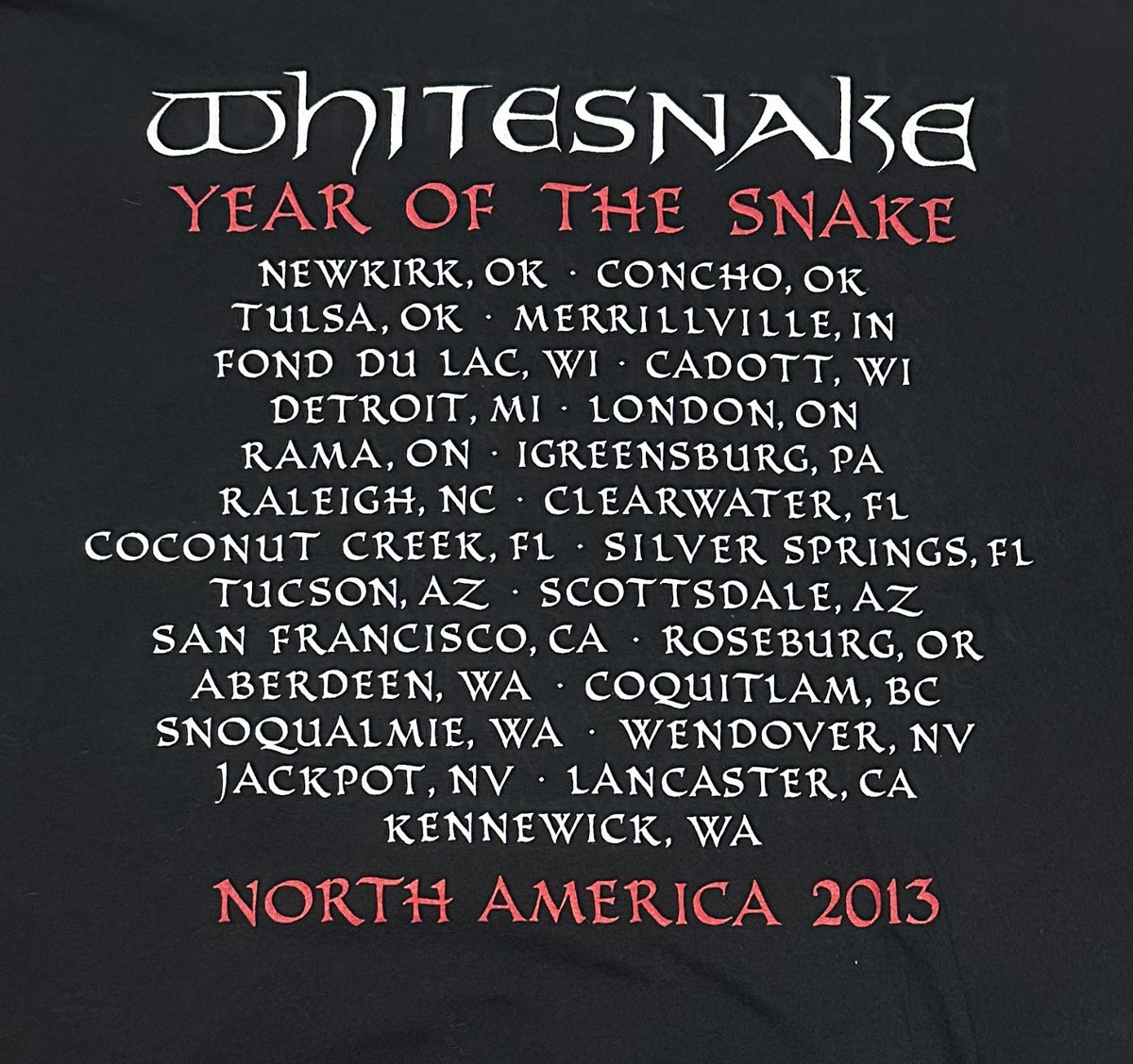 WHITESNAKE T-SHIRT~2013 NORTH AMERICA TOUR~YEAR OF THE SNAKE~ORIGINAL~XL~BLACK