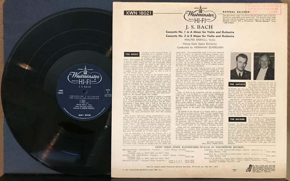 J.S. BACH CONCERTO NO.1 A MINOR~NO.2 E MAJOR FOR VIOLIN AND ORCHESTRA LP~BARYLLI