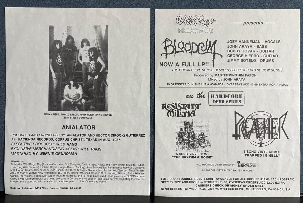ANIALATOR 1988 SELF-TITLED DEBUT EP~WILD RAGS 1st PRESS LP~INSERTS~THRASH METAL