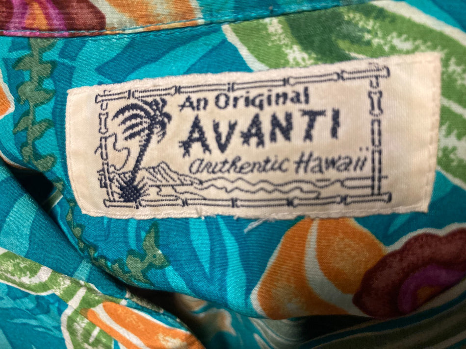 1970s VINTAGE AVANTI LABEL SILK HAWAIIAN SHIRT~EXC ALL AROUND~GRN FLORAL~SM/MED