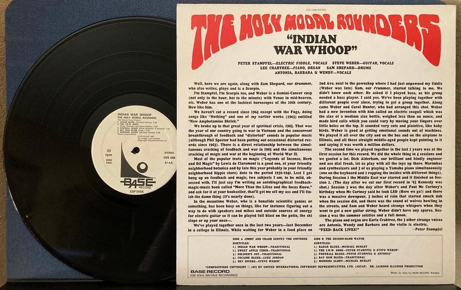 HOLY MODAL ROUNDERS INDIAN WAR WHOOP~NM- BASE RECORD / ESP DISK ITALY RE LP~FOLK