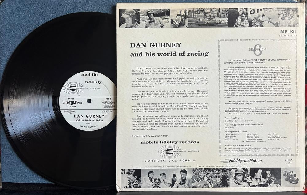 DAN GURNEY AND HIS WORLD OF RACING~RARE 1965 MOBIE FIDELITY WHITE LABEL PROMO LP