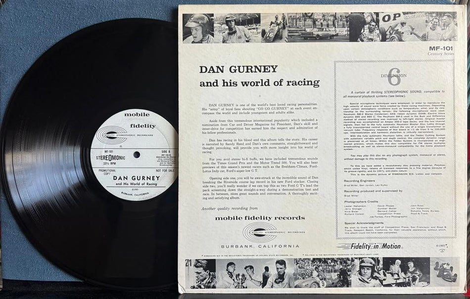 DAN GURNEY AND HIS WORLD OF RACING~RARE 1965 MOBIE FIDELITY WHITE LABEL PROMO LP