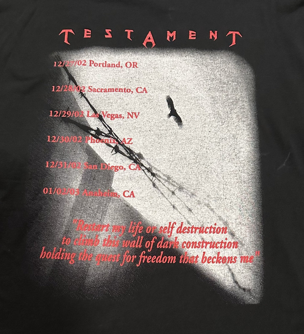 TESTAMENT CONCERT LONG SLEEVE T-SHIRT~2002 TOUR~BLACK~XL~EXC COND~VINTAGE~RARE