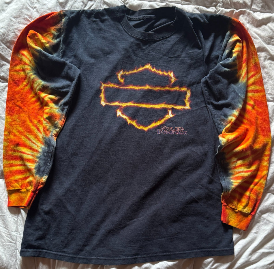 2001 HOLLYWOOD HARLEY DAVIDSON T-SHIRT~TIE-DIE 'FLAME' LONG SLEEVES~X-LRG~UNIQUE