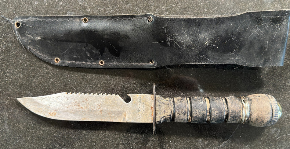 TAIWAN 420 STEEL RAMBO STYLE SURVIVAL KNIFE WITH COMPASS + EXTRAS~SHEATH~ROUGH