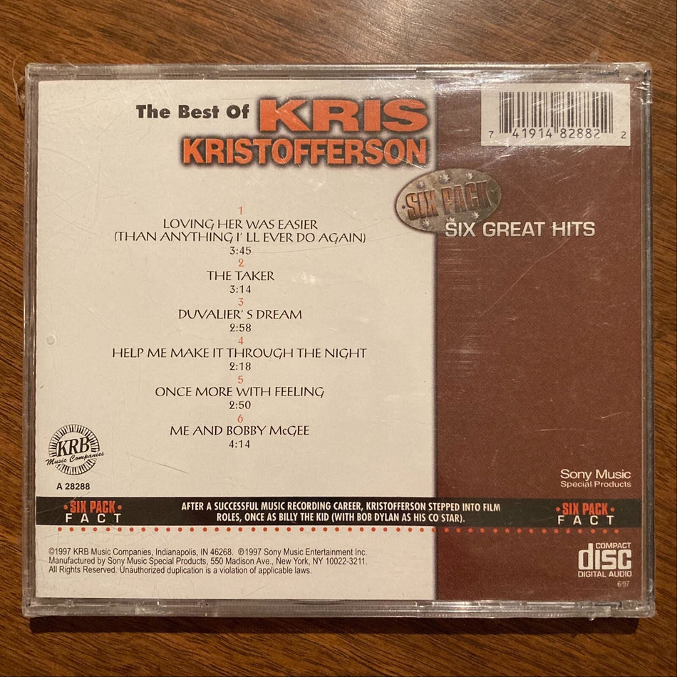 THE BEST OF KRIS KRISTOFFERSON~SIX GREAT HITS~SEALED 1997 KRB MUSIC COMPANY CD