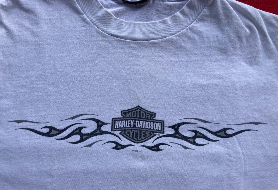 VTG 90s HARLEY DAVIDSON RARE WHITE FLAMES T-SHIRT~LONG SLEEVE~SINGLE STITCH~LRG