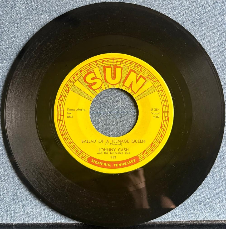 JOHNNY CASH~BALLAD OF A TEENAGE QUEEN / BIG RIVER~1957 SUN 7-INCH 45~ROCKABILLY