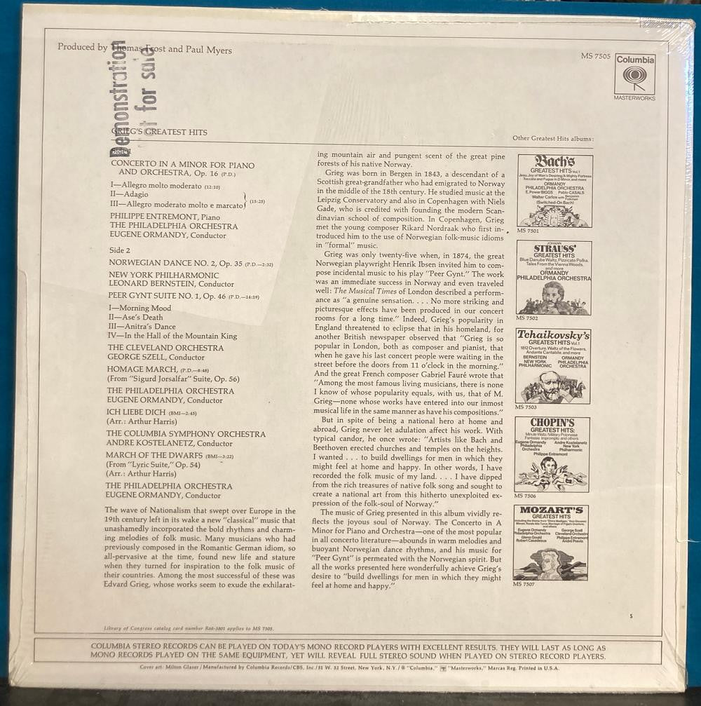 BERNSTEIN~GRIEG'S GREATEST HITS~SEALED 1969 COLUMBIA MS 7505 LP~PROMO~SZELL~ORMA