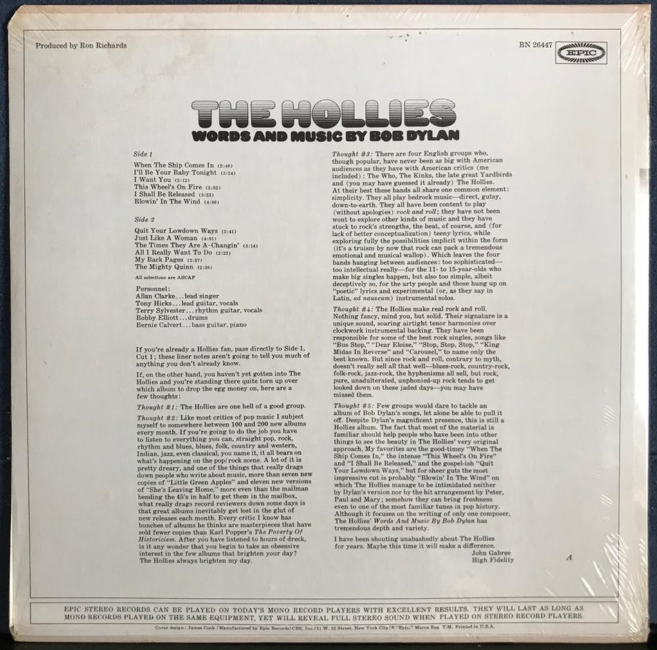 THE HOLLIES WORDS AND MUSIC BY BOB DYLAN~SEALED 1970's EPIC REISSUE LP~FOLK ROCK