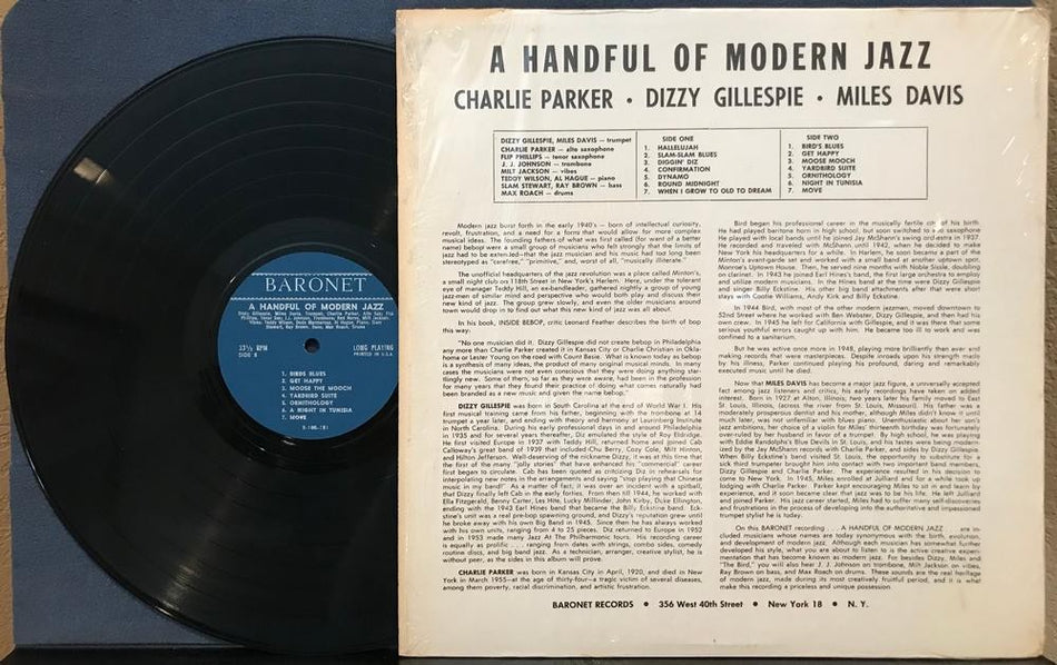 HANDFUL OF MODERN JAZZ~CHARLIE PARKER~GILLESPIE~MILES DAVIS~1959 BARONET LP~BOP