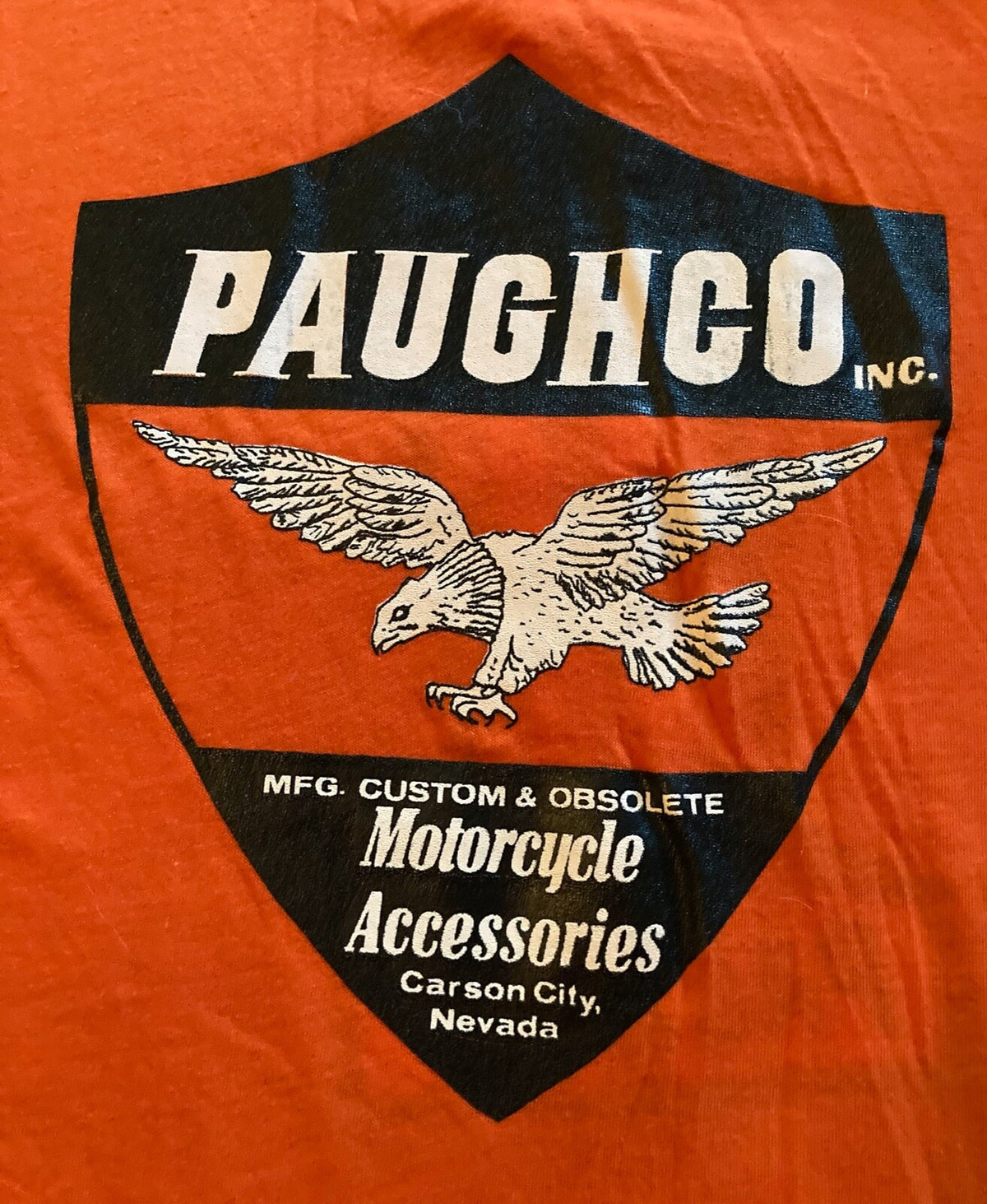 RARE VINTAGE 1980s PAUGHCO MOTORCYCLE PARTS T-SHIRT~TOP COND~ORANGE SCREEN STARS