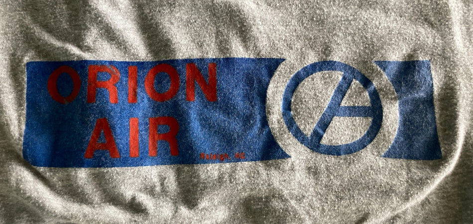 VTG 1980s ORION AIR T-SHIRT~#26~MED~GRAY~HANES~AIRLINE FOLDED IN 1989~RARE SHIRT
