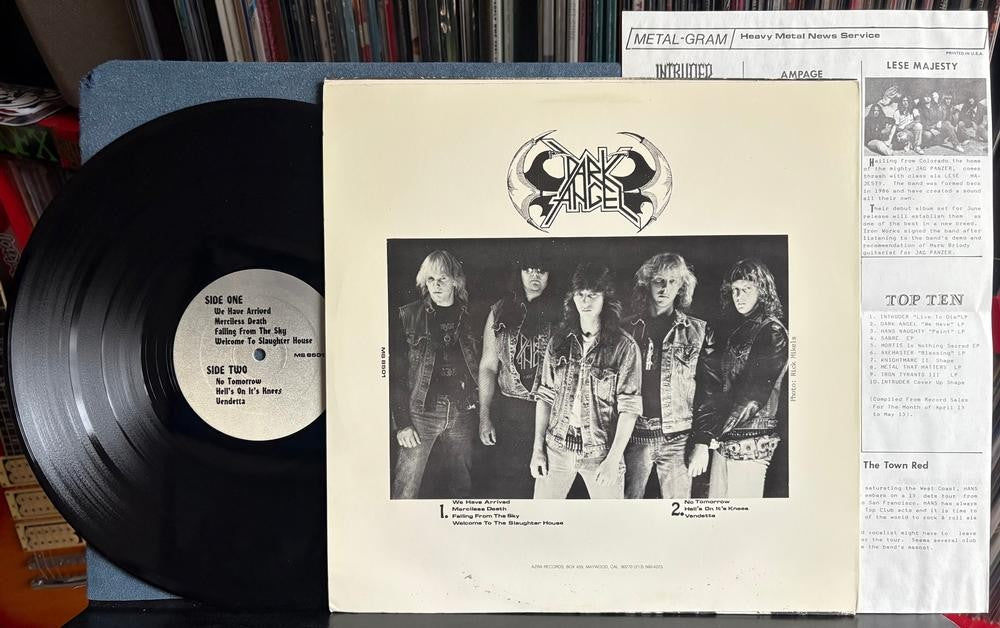 DARK ANGEL WE HAVE ARRIVED~VG+ 1988 AZRA RECORDS REPRESS LP~INSERT~THRASH METAL