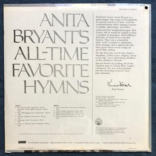 ANITA BRYANT ALL-TIME FAVORITE HYMNS~SEALED 1975 WORD INC LP~GOSPEL~JAZZ~KAISER