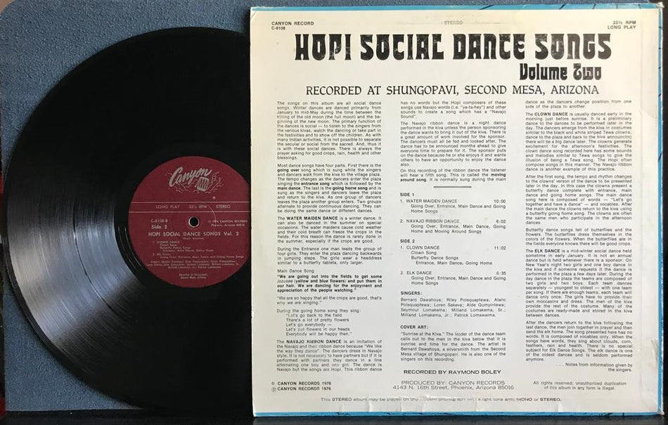 HOPI SOCIAL DANCE SONGS VOL 2~1976 CANYON AZ NATIVE AMERICAN DANCE LP~SHUNGOPAVI