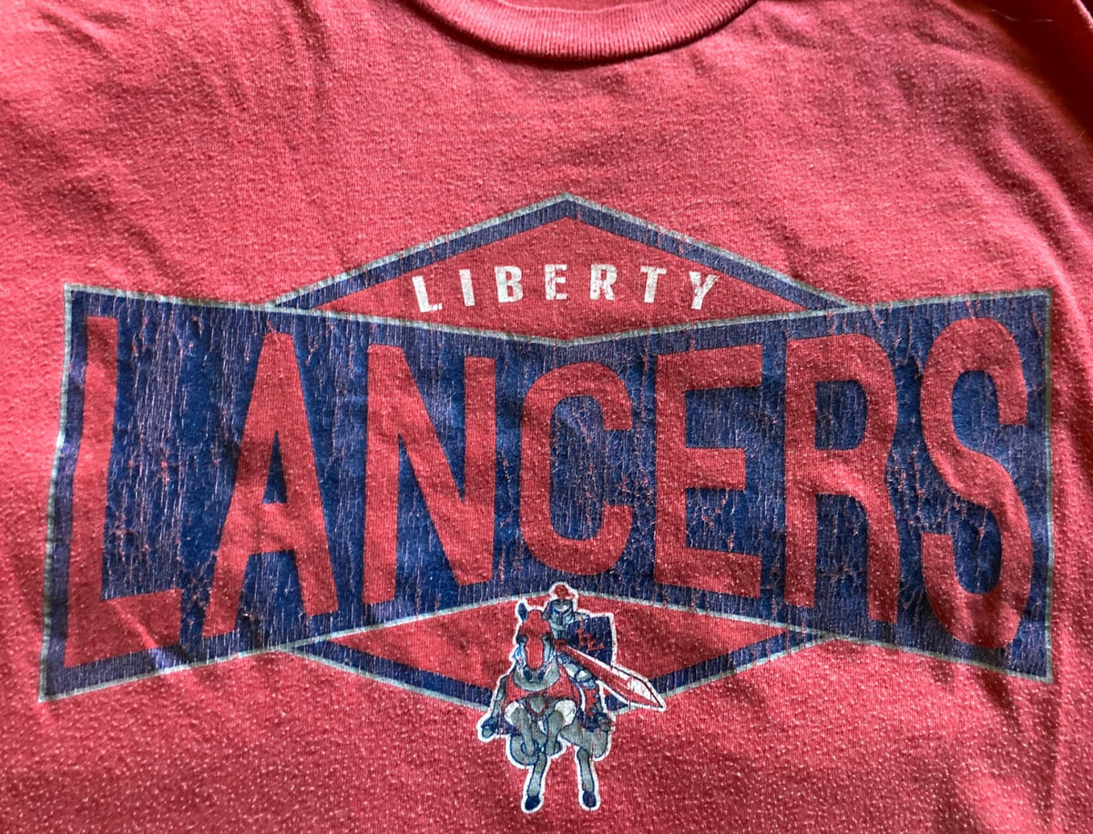 VINTAGE 90s LIBERTY LANCERS LOGO T-SHIRT~COLO. SPRINGS HIGH SCHOOL~RED~MED~EXC