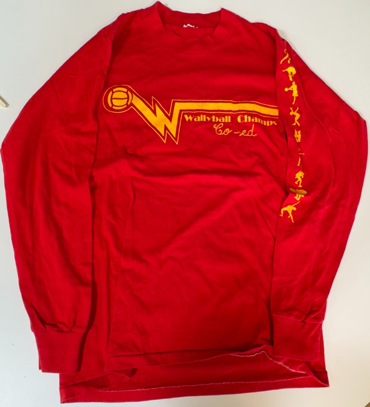 VTG '80s WALLYBALL CHAMPS COED LONG SLEEVE GRAPHIC T-SHIRT~SNGL STITCH~MED