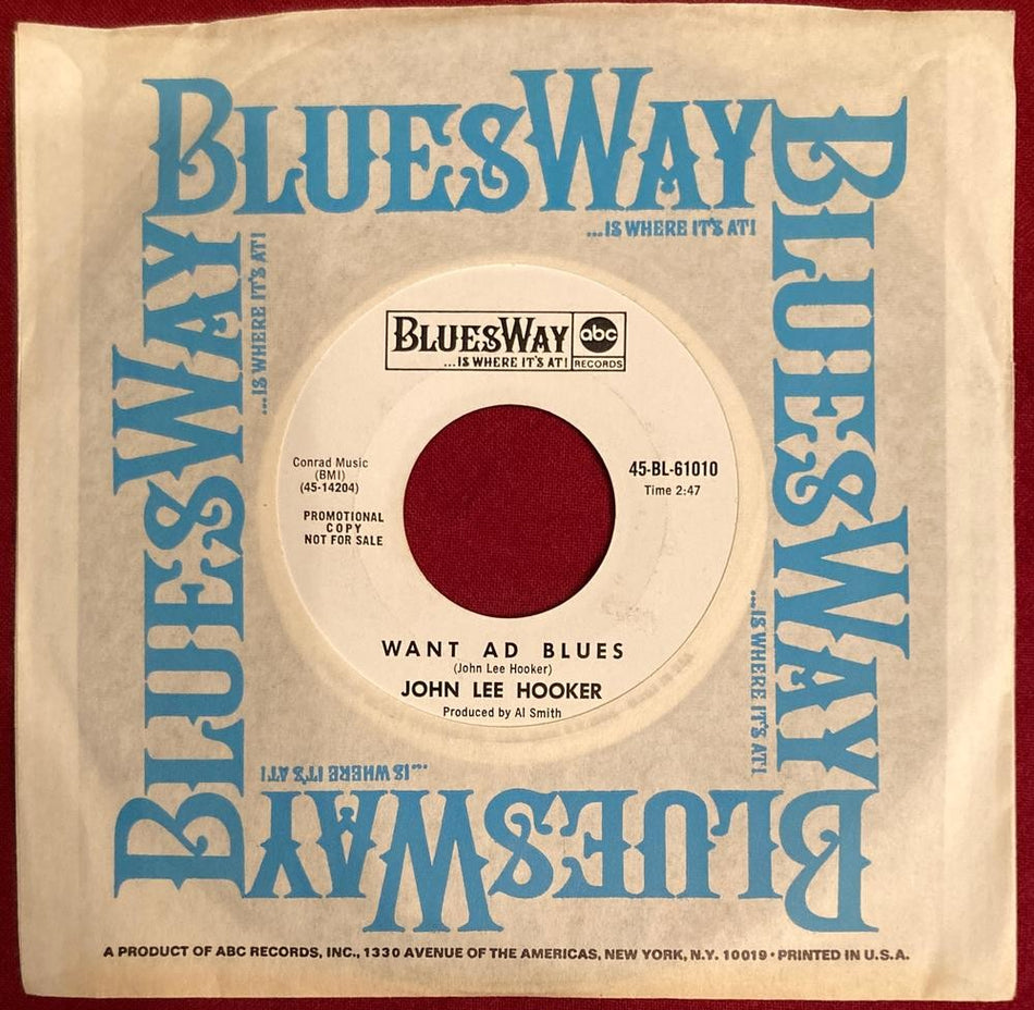 JOHN LEE HOOKER MOTOR CITY IS BURNING/ WANT AD BLUES~NM 1967 BLUESWAY WL PROMO 7