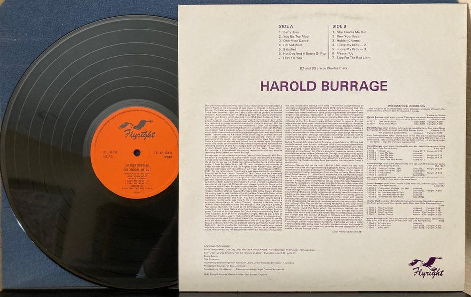 HAROLD BURRAGE SHE KNOCKS ME OUT~COBRA BLUES~NM- 1981 FLYRIGHT UK MONO COMP LP