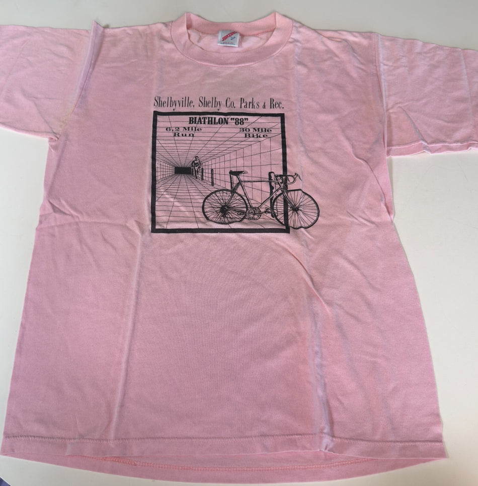 1988 SHELBYVILLE PARKS & REC BIATHLON 88 T-SHIRT~SNGL STITCH~JERZEES LRG~PINK