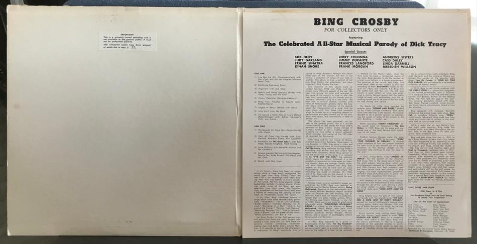 BING CROSBY FOR COLLECTORS ONLY~RARE PRIVATE PRESS 2-LP 72/500~DICK TRACY PARODY