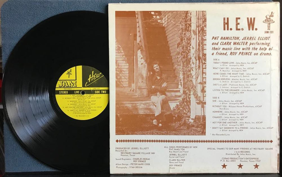 H.E.W. LIVE~1972 JAM RECORDS PRIVATE LBL TEXAS RURAL PSYCH ROCK LP~LYRIC INSERT