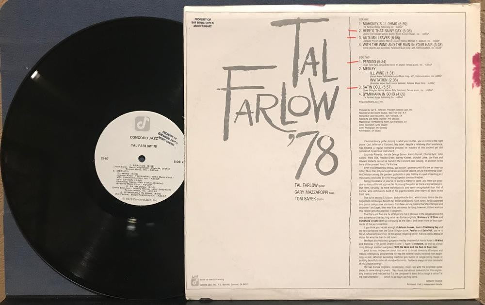 TAL FARLOW '78~STRONG VG+ ORIG 1978 CONCORD JAZZ FIRST PRESS LP~HARD BOP~CJ-57