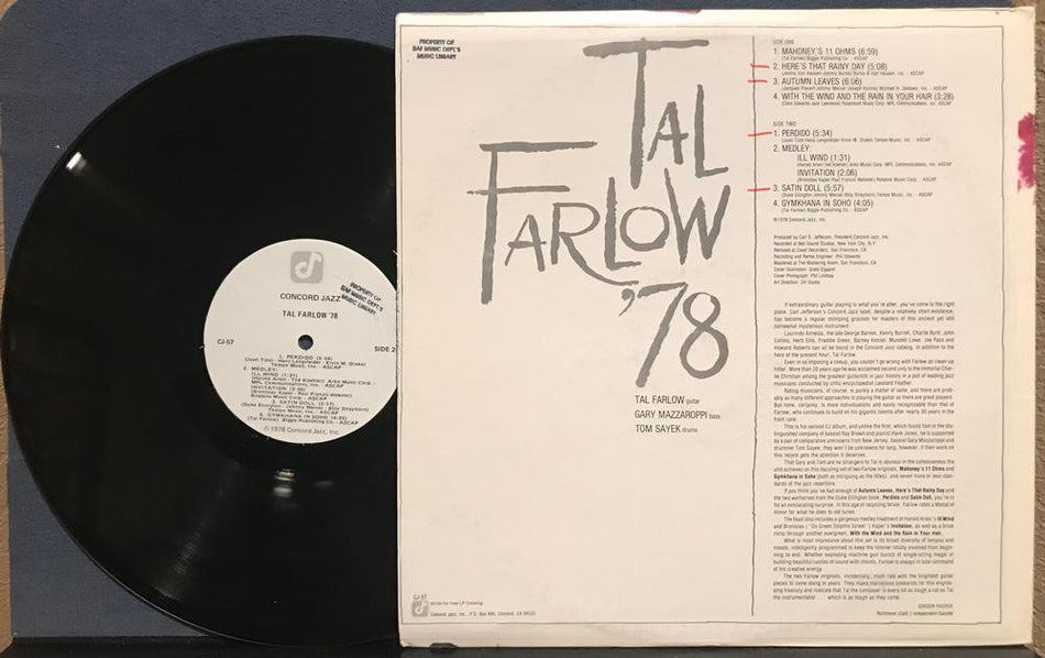 TAL FARLOW '78~STRONG VG+ ORIG 1978 CONCORD JAZZ FIRST PRESS LP~HARD BOP~CJ-57