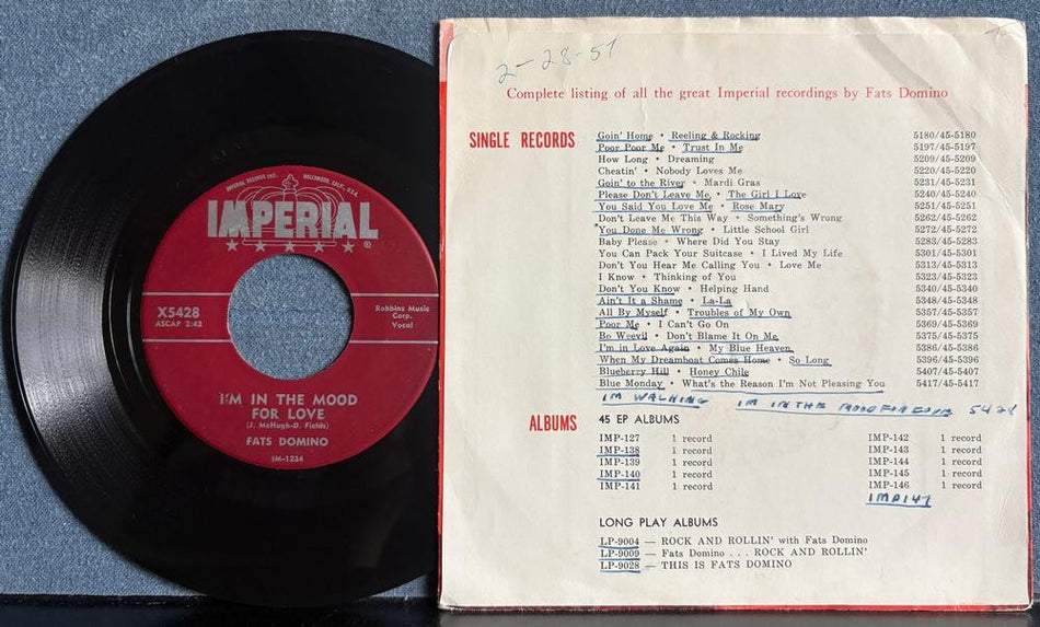 FATS DOMINO~I'M WALKIN /I'M IN THE MOOD FOR LOVE~1957 IMPERIAL 7-INCH PIC SLV 45